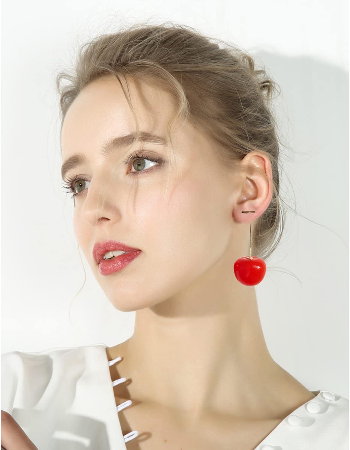 3D Red Cherry Drop Earrings Cute Fruit Gold Dangle Earrings Women - Image 3