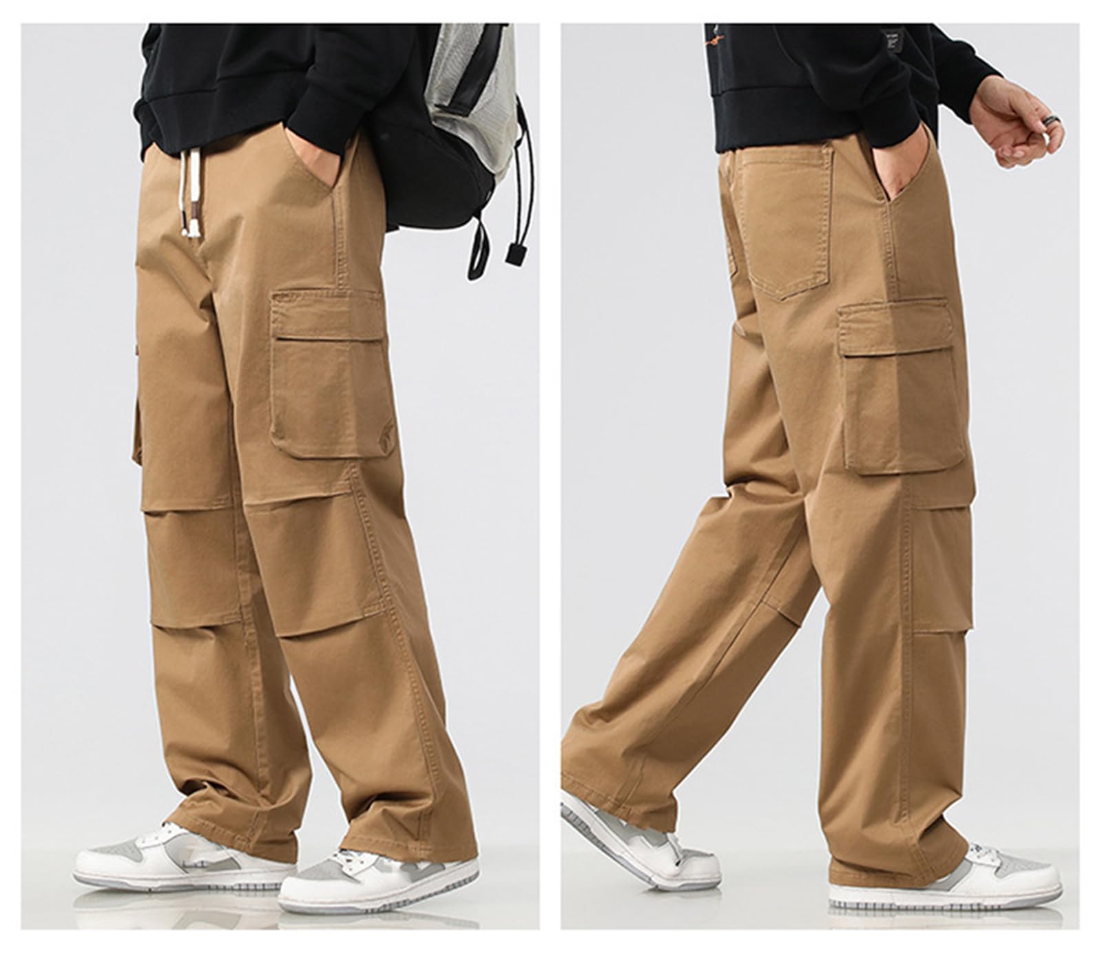 Pantaloni cargo per uomini in cotone a gamba dritta, vestibilità rilassata, pantaloni da lavoro casual con tasche a lembi