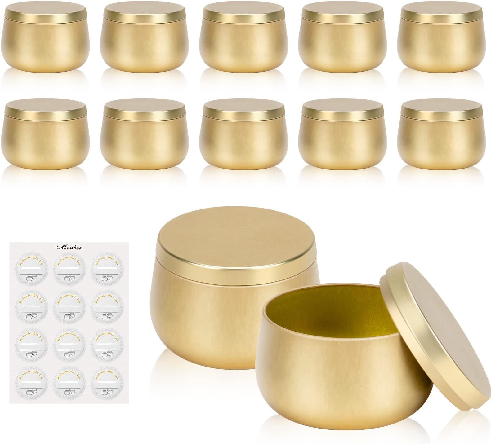 Mrssbea 12 Pack Candle Metal Tin - 8 oz, Golden Solid Rounded Compact Candle Jar (with Lid), for DIY, Handicraft, Storage, Easy Reuse