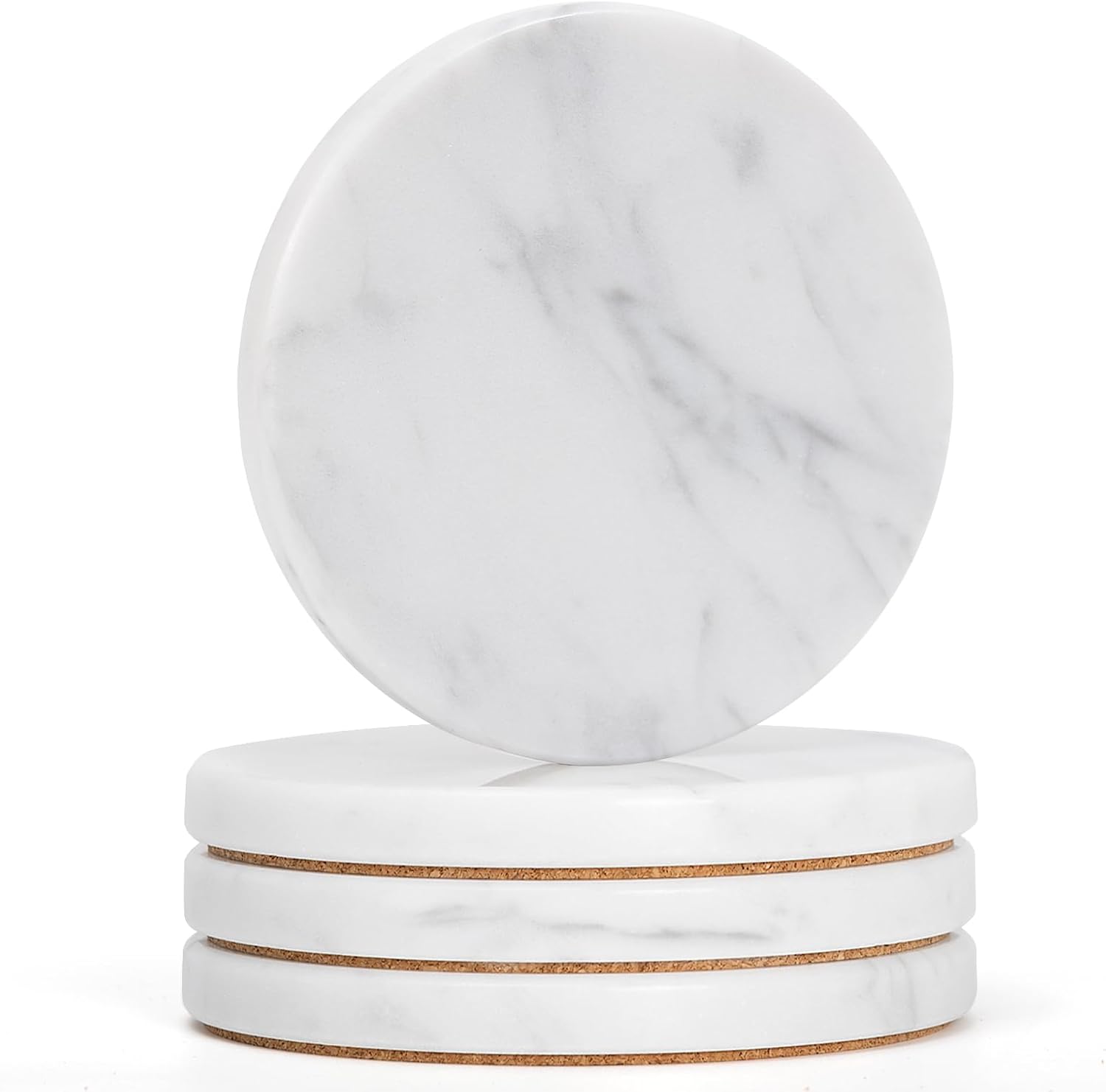 Natural White Marble Coasters Set of 8, 4" Round Elegant Modern Marble Drink Coasters for Coffee Table Decor & Tabletop Protection, Neutral White Stone Coaster with Cork Backing, Gift-Boxed
