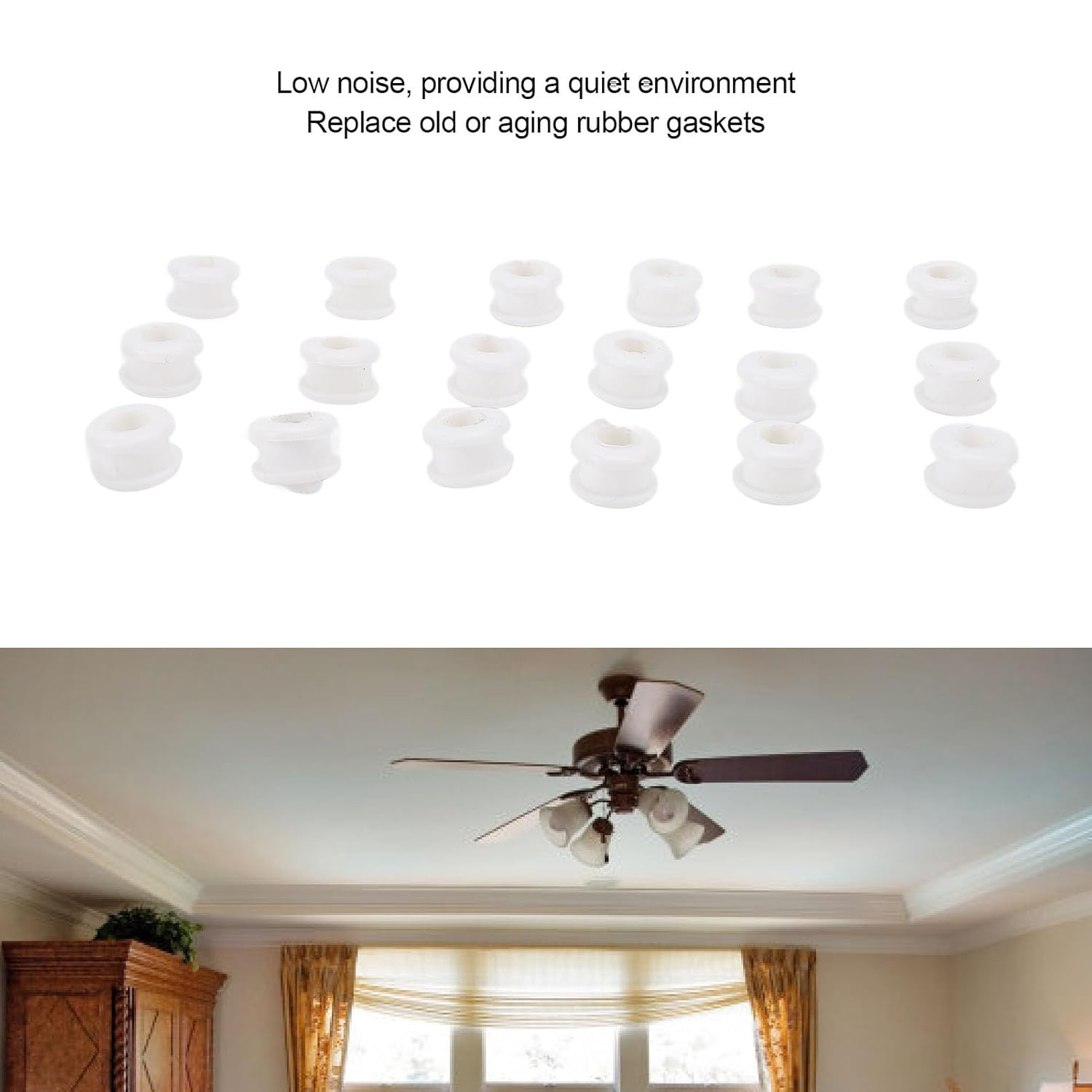 Rubber Ceiling Fan Damper Pads Set, Noise Reduction Fan Pad, Rubber Grommets Fan Blade Grommets Spare Kit for Ceiling Fan Replacement Parts (White 18PCS)