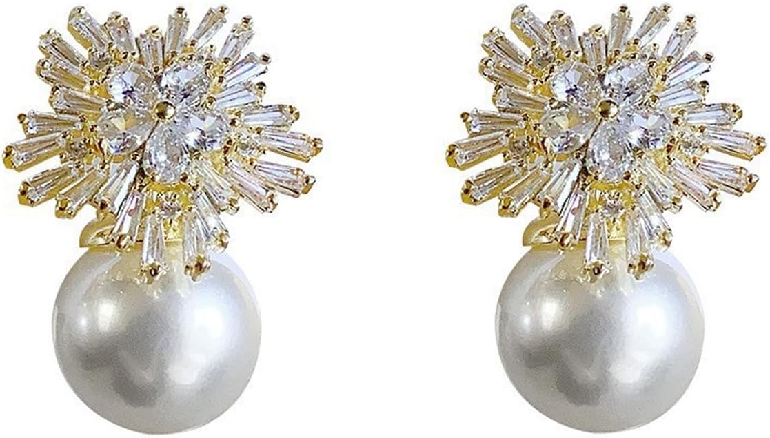 Sparkly Pearl Rhinestone Earrings for Women,White Snowflake Flower Statement Earrings,Formal Floral Holiday Prom Weeding Jewelry Gifts - Image 8