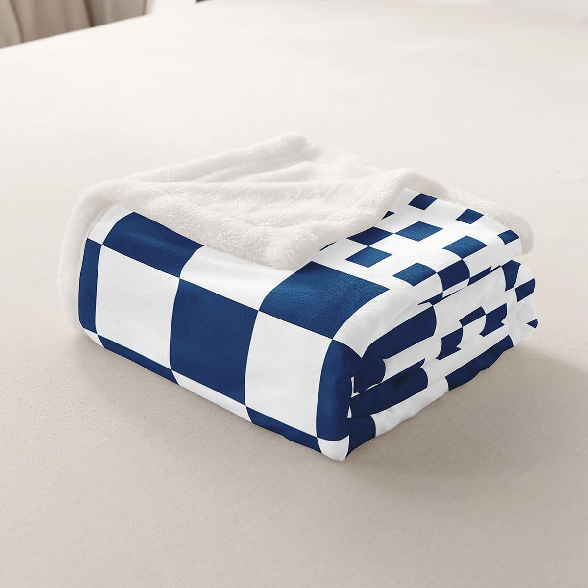 Homewish Koc Sherpa w kratkę granatowa szachownica puszysty pluszowy narzuta geometryczny koc polarowy w kratkę w kratkę - patchworkowy bawół pled dekoracja na łóżko kanapę królowa 229 cm x 229 cm