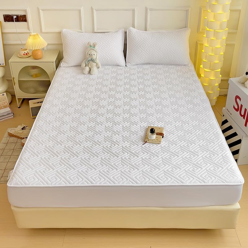 Mattress Protector Sheet Solid Color Quilted Mattress Dustproof Cover with Deep Pocket Noiseless Breathable Mattress Topper(Pillowcase Included) (White,Queen)