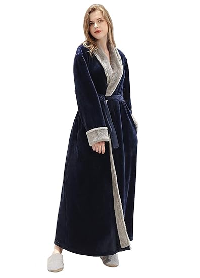 Womens Robe Soft Plush Warm Flannel Spa Long Bathrobe for Ladies Sleepwear Winter Navy Blue