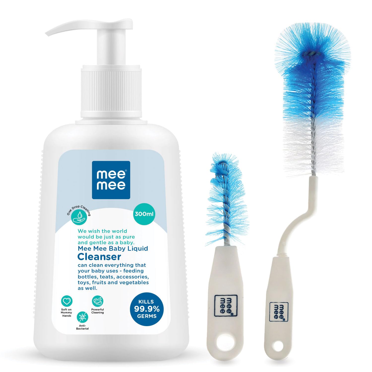 Mee Mee Bottle and Nipple Cleaning Brush with 360-Degree Rotary Handle, Blue & Mee Mee Anti-Bacterial Baby Liquid Cleanser (300ml)-image-25