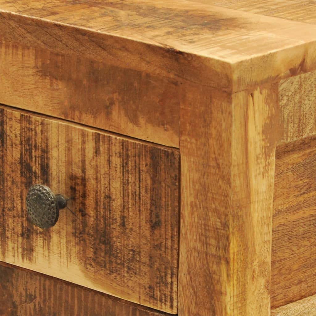 Beistelltisch aus massivem Mangoholz mit Schublade und unterer Ablage, ideal als Nachttisch oder neben der Couch für Schlüssel, Notizblöcke und Dekoartikel.