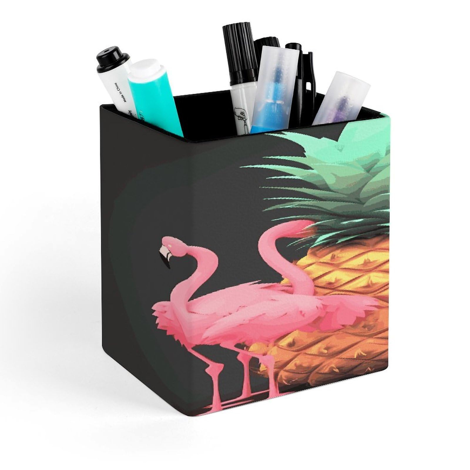 MUSM Pineapple Flamingos Pen Holder Square PU Leather Desktop Organizer And Makeup Brush Holder Storage Box Modern Design Stationery Organizer for Office Desk Accessory