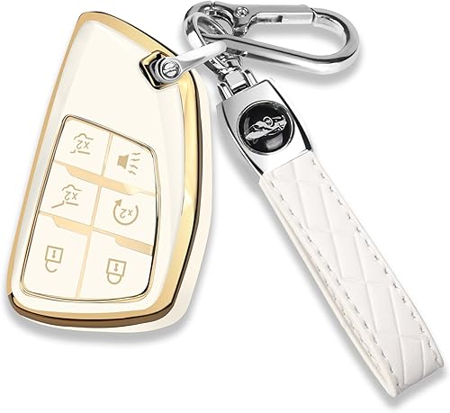 QBUC Funda para llavero Chevrolet con llavero de cuero genuino suave TPU protector compatible con Chevy GMC Yukon Suburban Tahoe Denali Sierra
