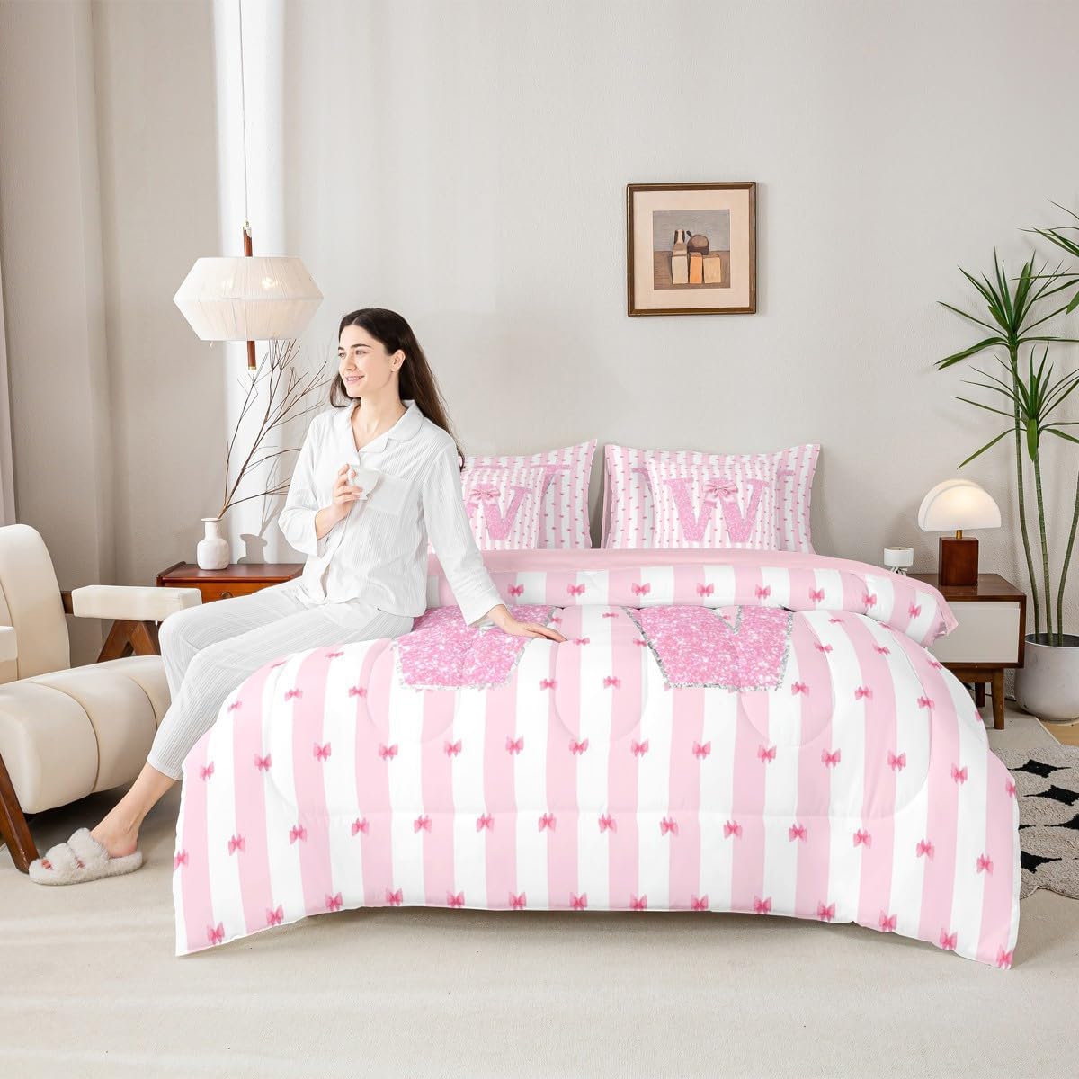 Erosebridal Pink Bow 7 Pcs Bedding Set Alphabet W Girls Bed in A Bag Queen Sizebowknot Glitter Comforter Set with Sheets for Kids Teens Bedroom Decor Dreamy Princess Bed Sets - Image 6