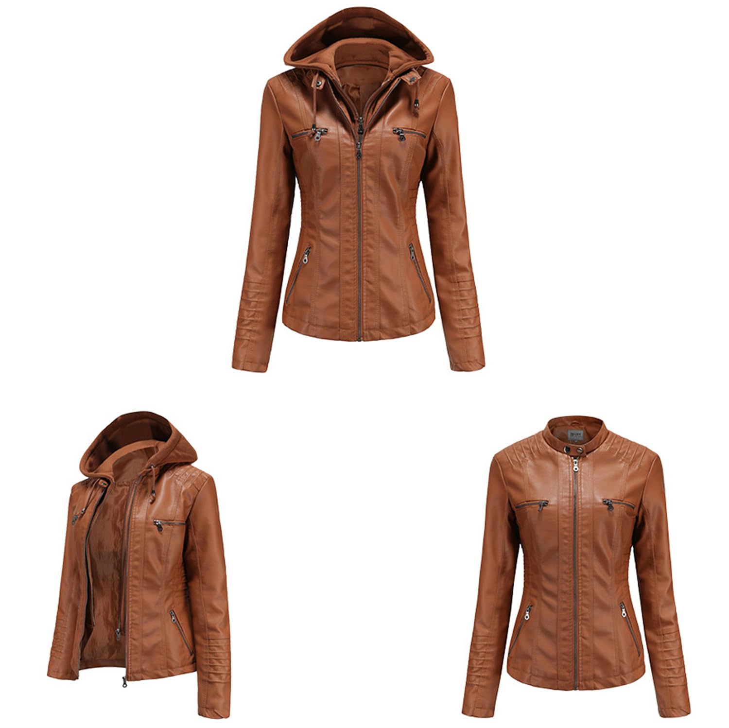 Générique Manteau matelassé entièrement zippé avec capuche amovible pour femmes en similicuir Casual MOTO BIKE jacket