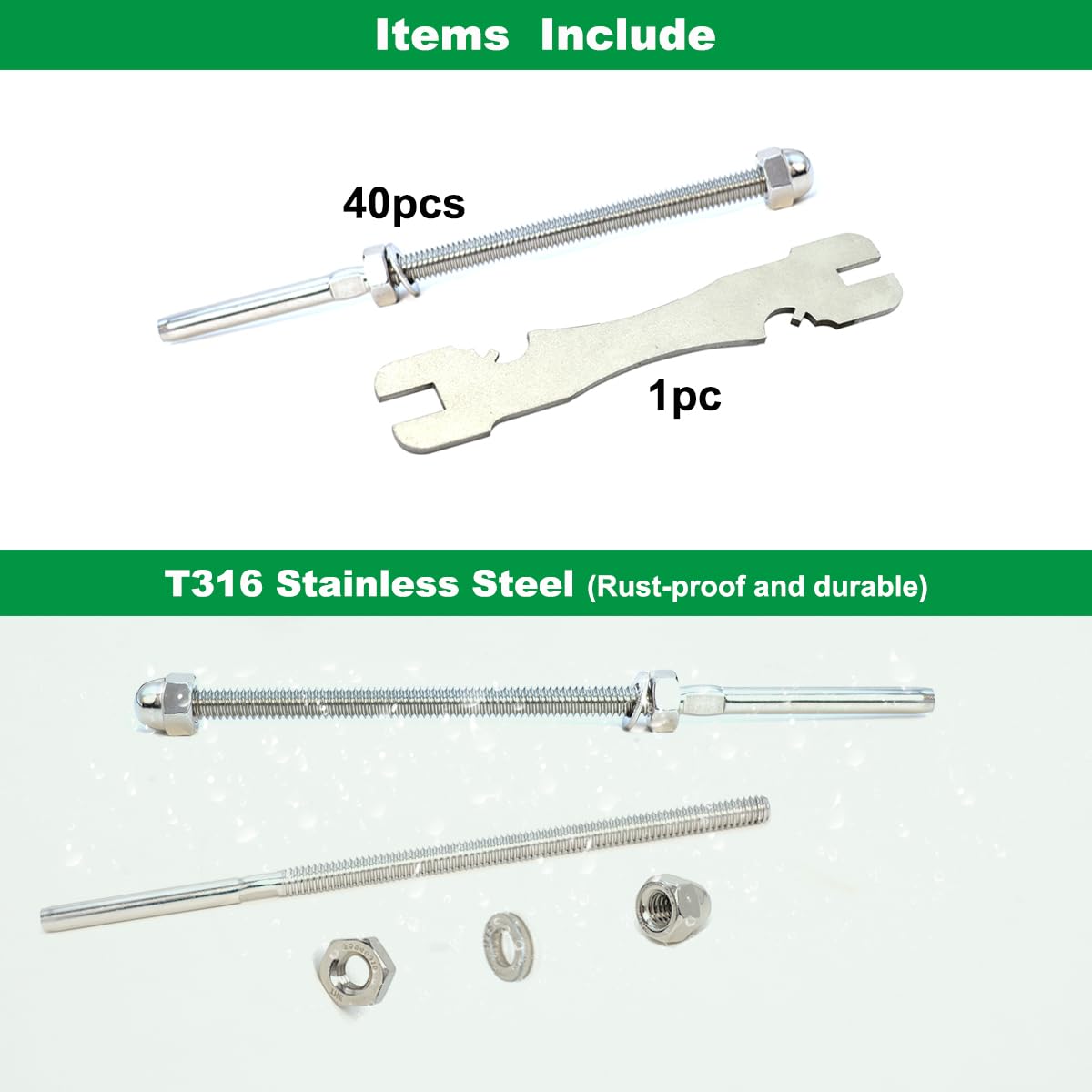 1/8 T316 Stainless Steel Cable Railing Hardware Kit, 6" Long Swage Stud Tensioner 40 Pcs with Washer and Lock Nut, for 4x4 2x2 Wood & Metal Posts Stair Deck Railing System