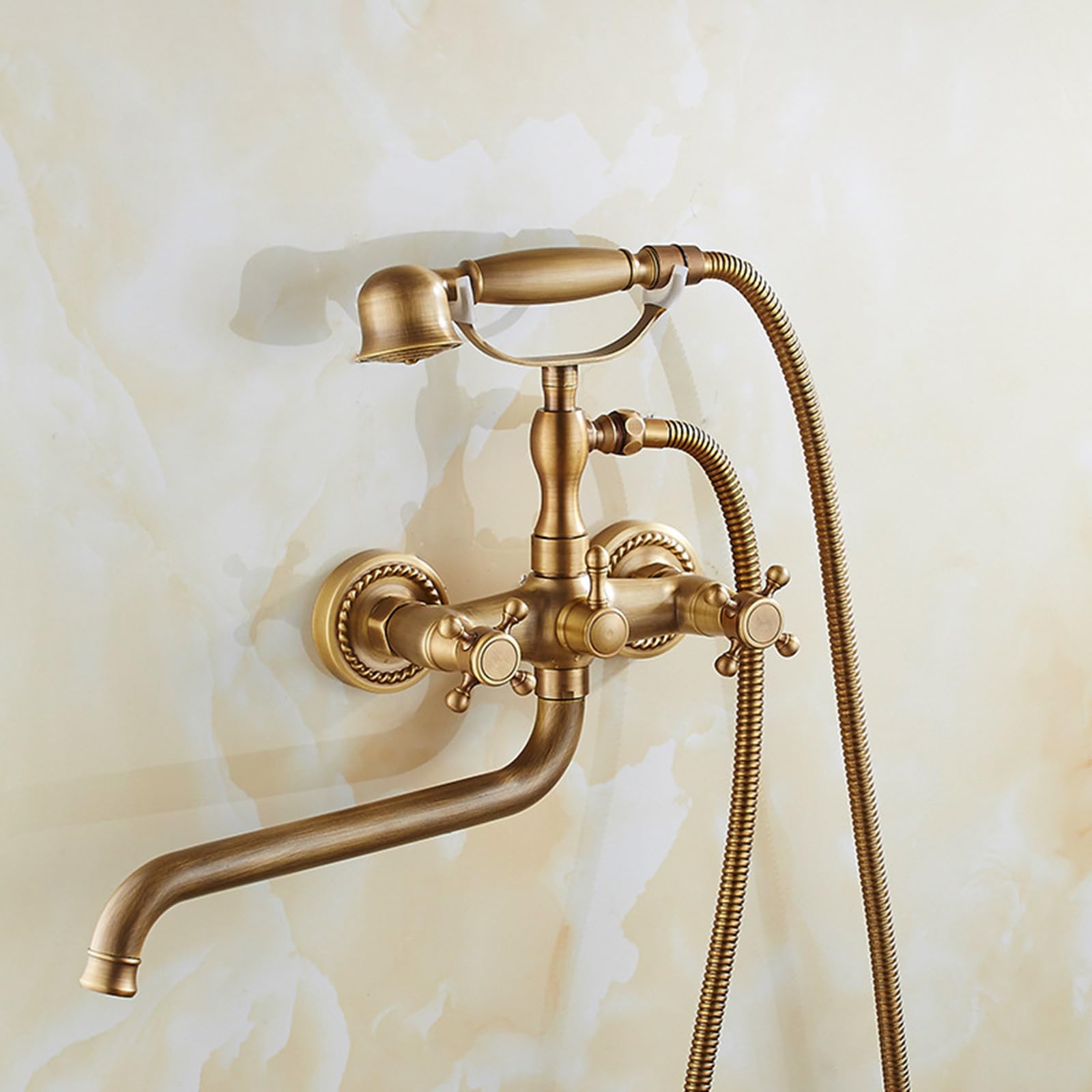 Grifo Mezclador de Ducha Y Bañera con Manija Doble Cruzada Antigua de Latón Juego Vintage para Montaje En Pared A
