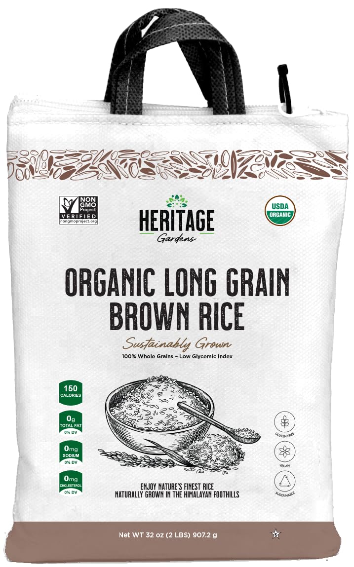 Heritage Gardens - Organic Long Grain Brown Rice 80 oz (4-Pack) - Non-GMO, Low-Glycemic Index, Gluten Free, Allergen Free, Sustainably Sourced, Non-Sticky