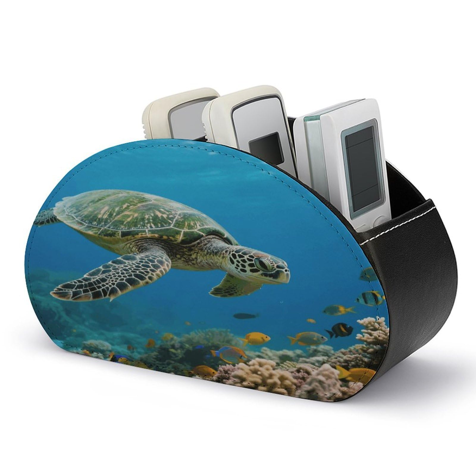FekiLoot Leather Remote Control Holder with 5 Compartments Green Sea Turtle Remote Caddy Desktop Organizer Store TV Remote Holder Remote Organizer for Bedside Table Office Desk