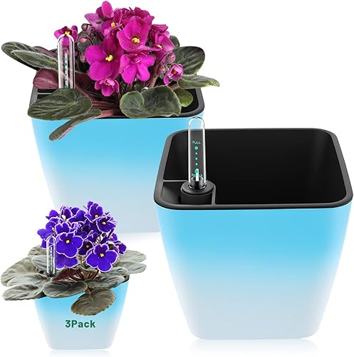 Macetas de riego automático para plantas de interior paquete de 3 macetas de 5 pulgadas color azul degradado con indicador de nivel de agua, violeta