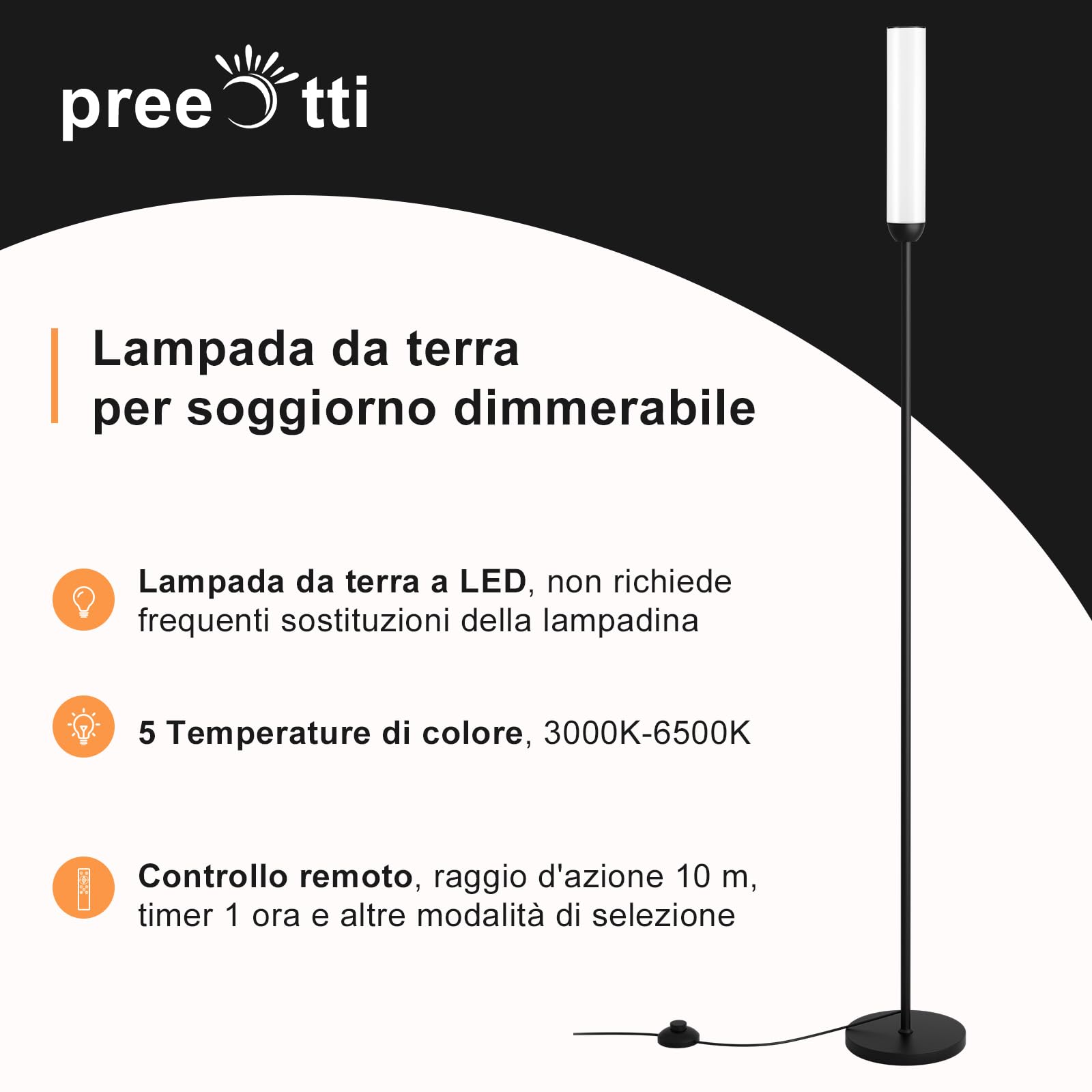 LED Stehlampe Wohnzimmer Dimmbar, Deckenfluter LED Dimmbar, Moderne Standleuchte Wohnzimmer mit Fernbedienung & 5 Farbtemperaturen Stufenlos, Schwarz