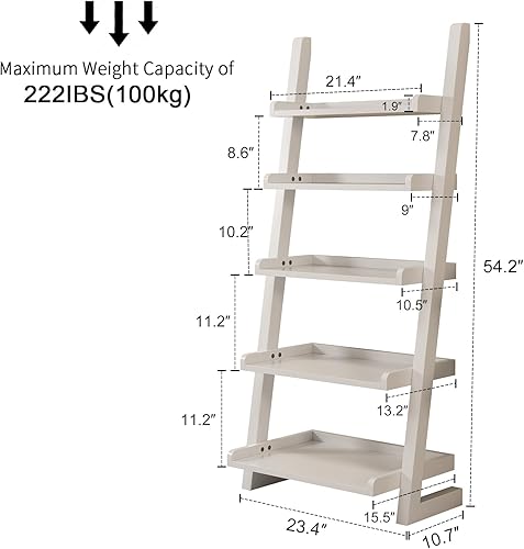 Miniatura 2 de AQIMUELE Estante de escalera de madera blanca con bordes, escalera inclinada moderna de 5 niveles, elegante estantería que ahorra espacio para sala