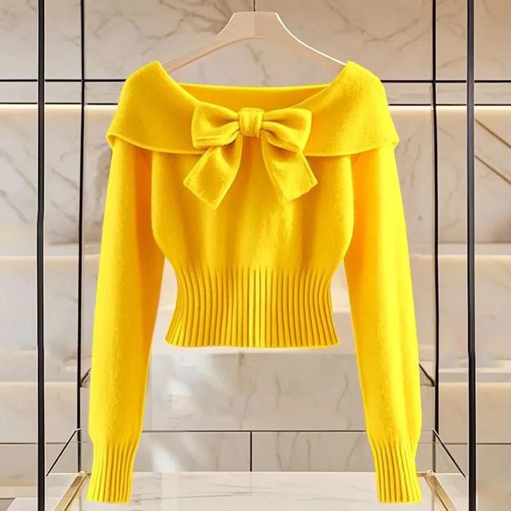 Women's Bowknot Knitting Sweater Foldover Cinched Waist Crop Tops Trendy Knit Pullover Sweaters
