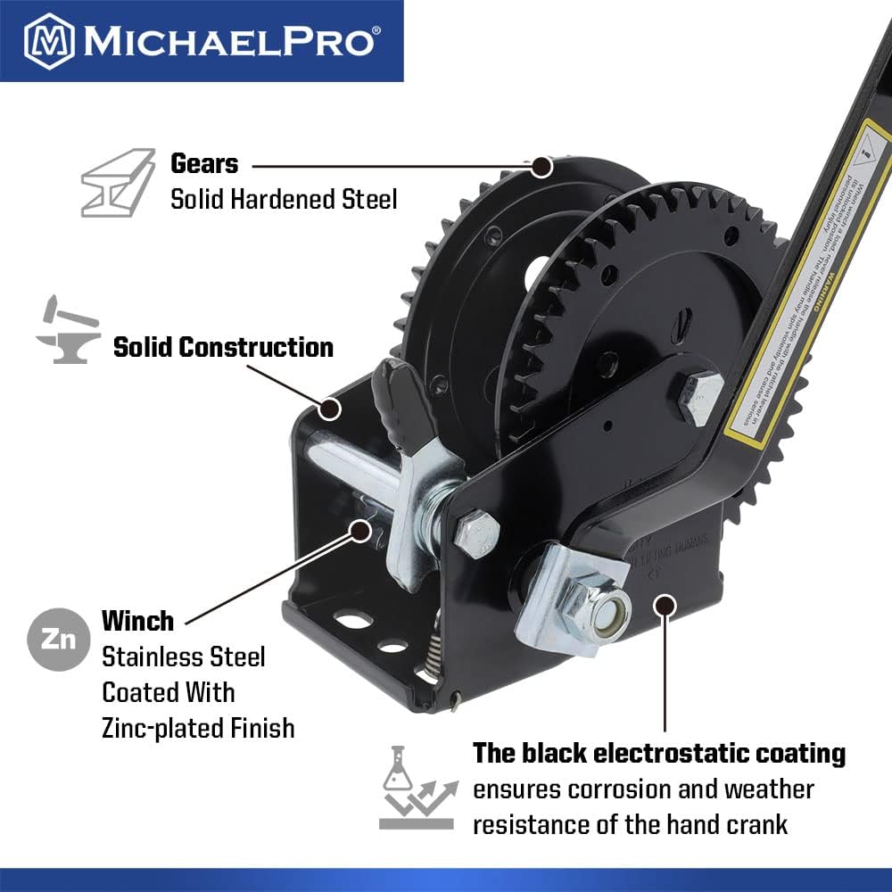 MichaelPro MP009092 2000lbs Double Gear Heavy Duty Hand Winch for Automotive, Boat, Trailer