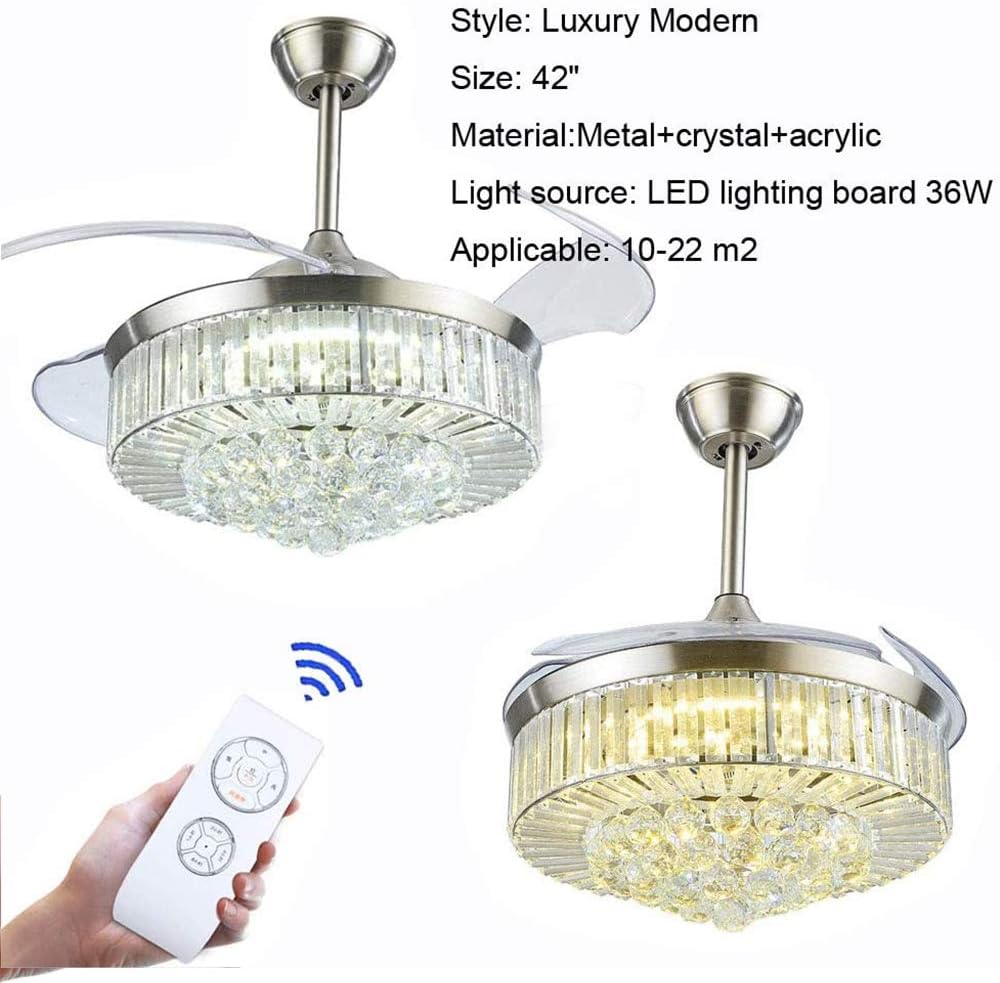 42 Inch Crystal Chandelier Ceiling Fan with Light and Remote Control, Modern Silent Retractable Blades Fans Lighting with 3 Lights Level and 3 Speeds for Dining/Living Room