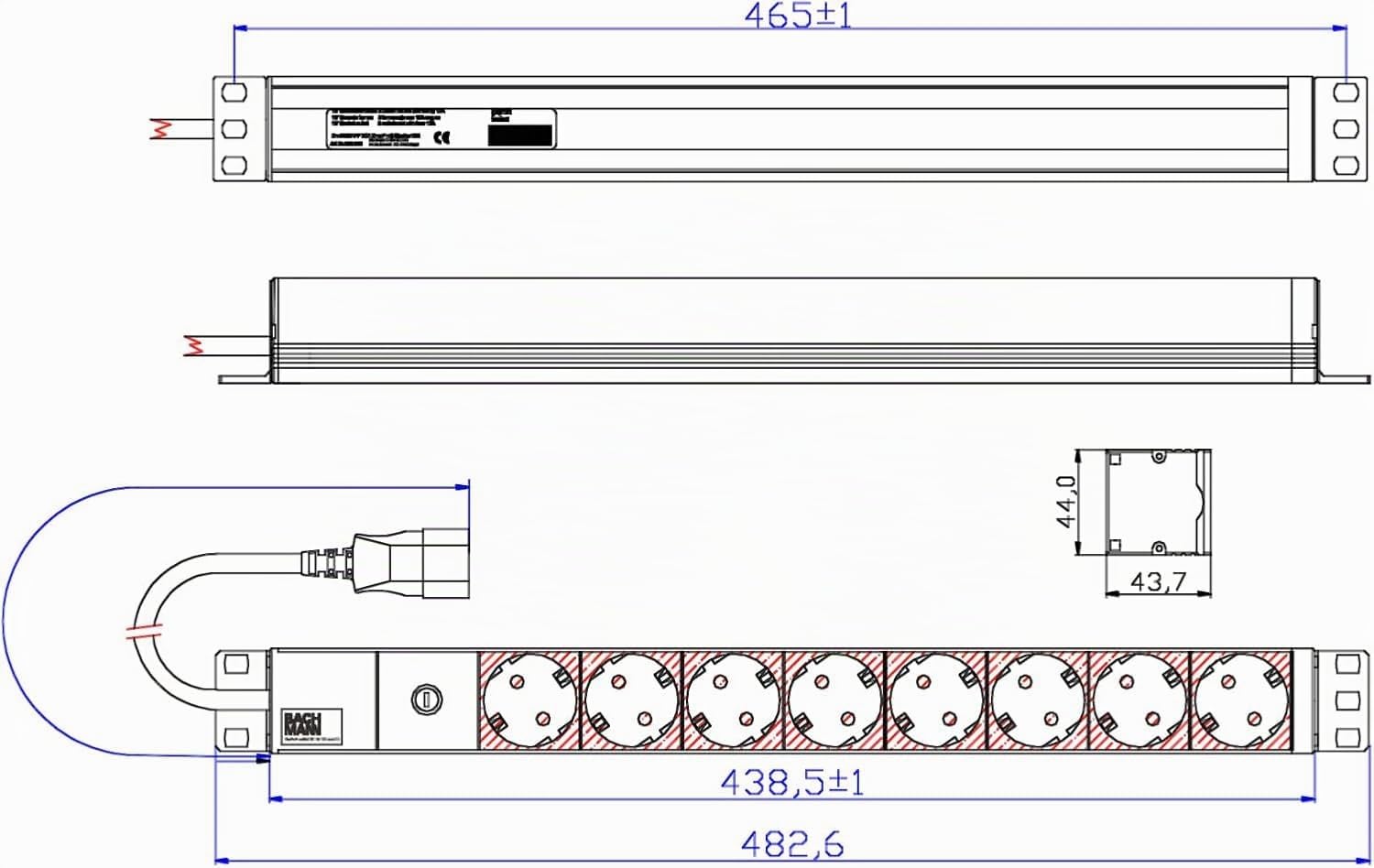 Bachmann Steckdosenleiste 19'' Zoll PDU 8-Fach mit Feinsicherung 10A 1HE 2m Kabel mit C14 Kaltgerätestecker Mehrfachsteckdose für Serverschrank Rack 333.538 Rot Grau (inkl. 2X Befestigungswinkel)