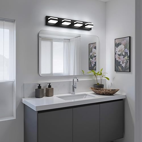 Miniatura 9 de Accesorios de iluminación de baño sobre espejo, 4 luces de tocador de baño con blanco frío de 5000 K, luces LED de pared modernas de color negro