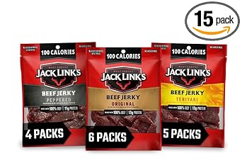 Jack Link's Beef Jerky Variety Pack – Includes Original, Teriyaki and Peppered Jerky, Bulk Protein Snack Pack, Good Source of Protein, Meat Snacks Made with 100% Beef – 1.25 Oz (Pack of 15)