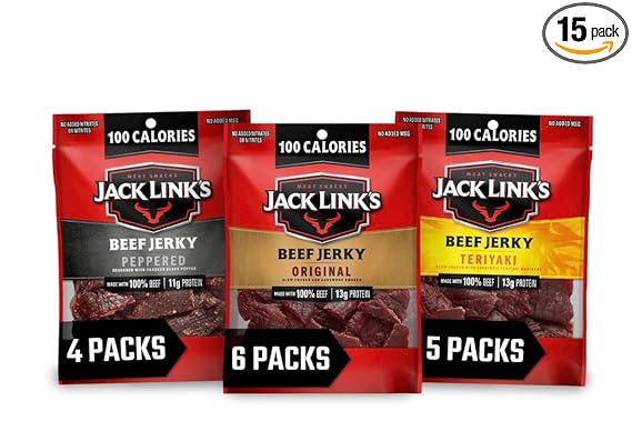 Jack Link's Beef Jerky Variety Pack – Includes Original, Teriyaki and Peppered Jerky, Bulk Protein Snack Pack, Good Source of Protein, Meat Snacks Made with 100% Beef – 1.25 Oz (Pack of 15)