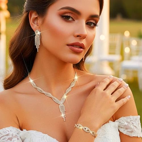 Miniatura 3 de Aukmla Juego de joyas de novia con diamantes de imitación, collar de boda, aretes y pulseras para mujeres y novias
