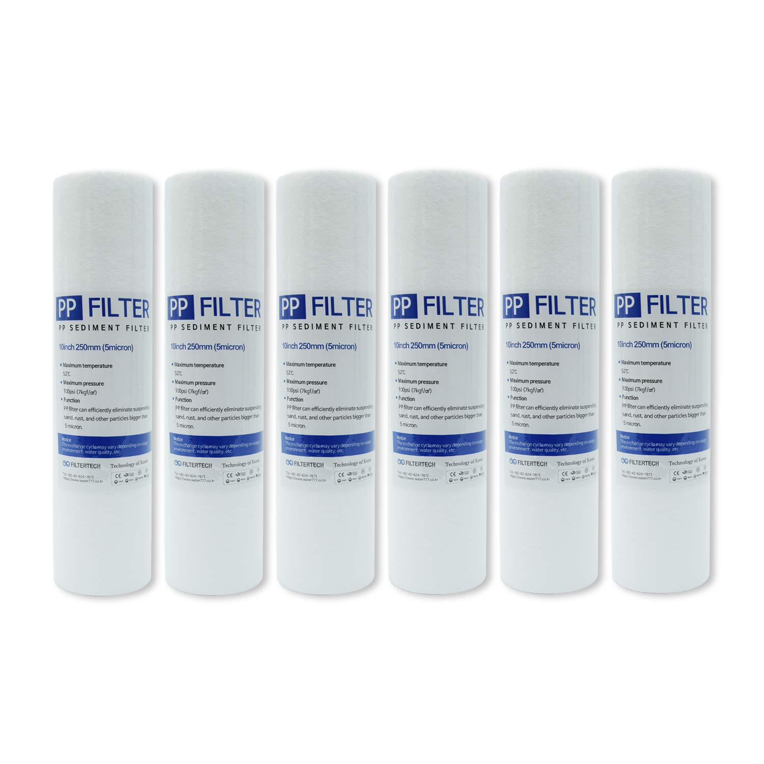 Filtertech - Cartuccia filtrante per acqua da 1 micron, 250 mm, in polipropilene, progettata per unità RO da 10", confezione da 6