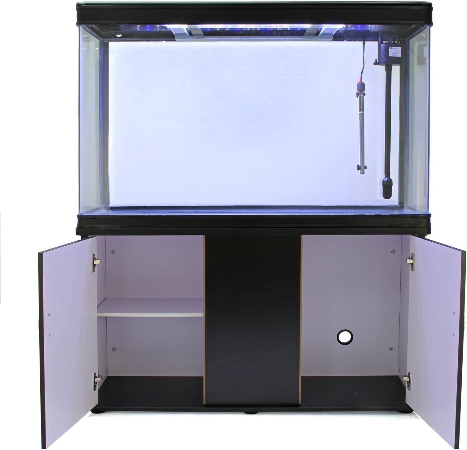 Acquario Curvo 300L con Mobile Nero Opaco, Vetro da 11mm, Pompa, Filtro, LED, Riscaldatore 300W, Ghiaia 25kg e Decorazioni – Vasca per Pesci Tropicali, Dolce e Marino 120cm