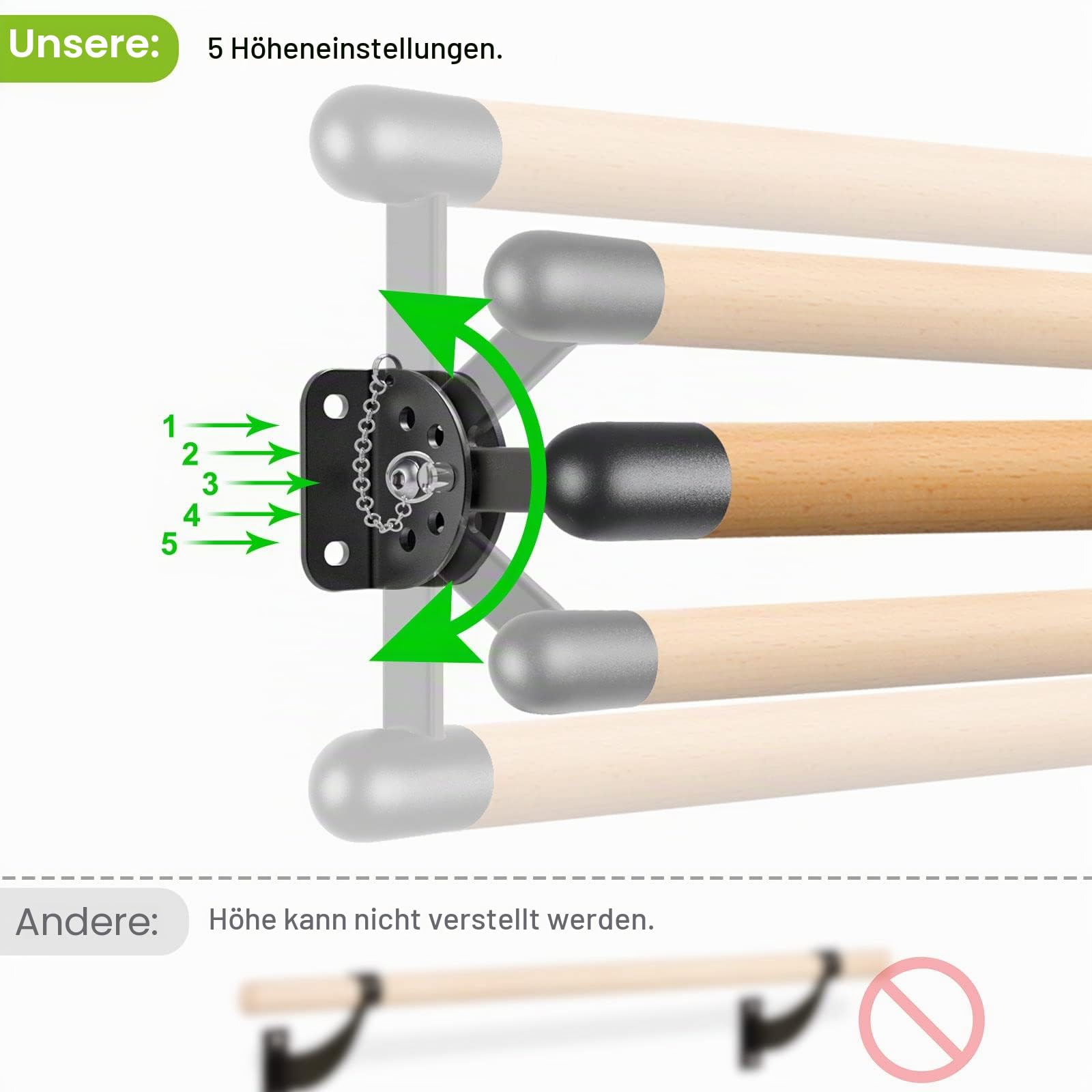 Dolibest Ballettstange Holz, 100-300cm Ballett Stange Kinder Höhenverstellbar Wandmontage Stretching Tanzstange Erwachsene Zuhause Barre Gym Training Ausrüstung mit Metallhalterung, 4cm Durchmesser