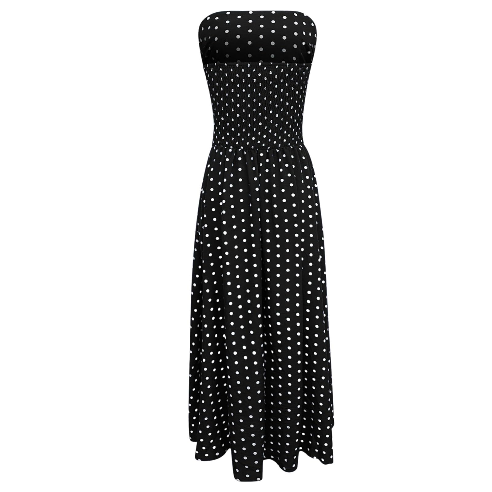 Generisch Abito estivo da donna per il tempo libero, elegante, maxi abito con pois, scollo a spalle scoperte, gonna a gradini fluente, schiena increspata