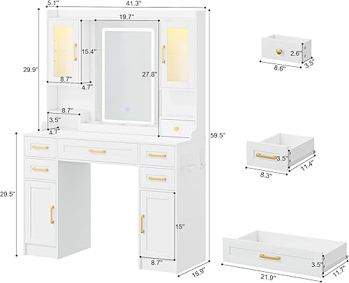 Miniatura 6 de NUNU LAB Tocador de maquillaje con espejo y luces, mesa de tocador blanca con estación de carga, tocador de maquillaje con gabinetes RGB y 7 2-043