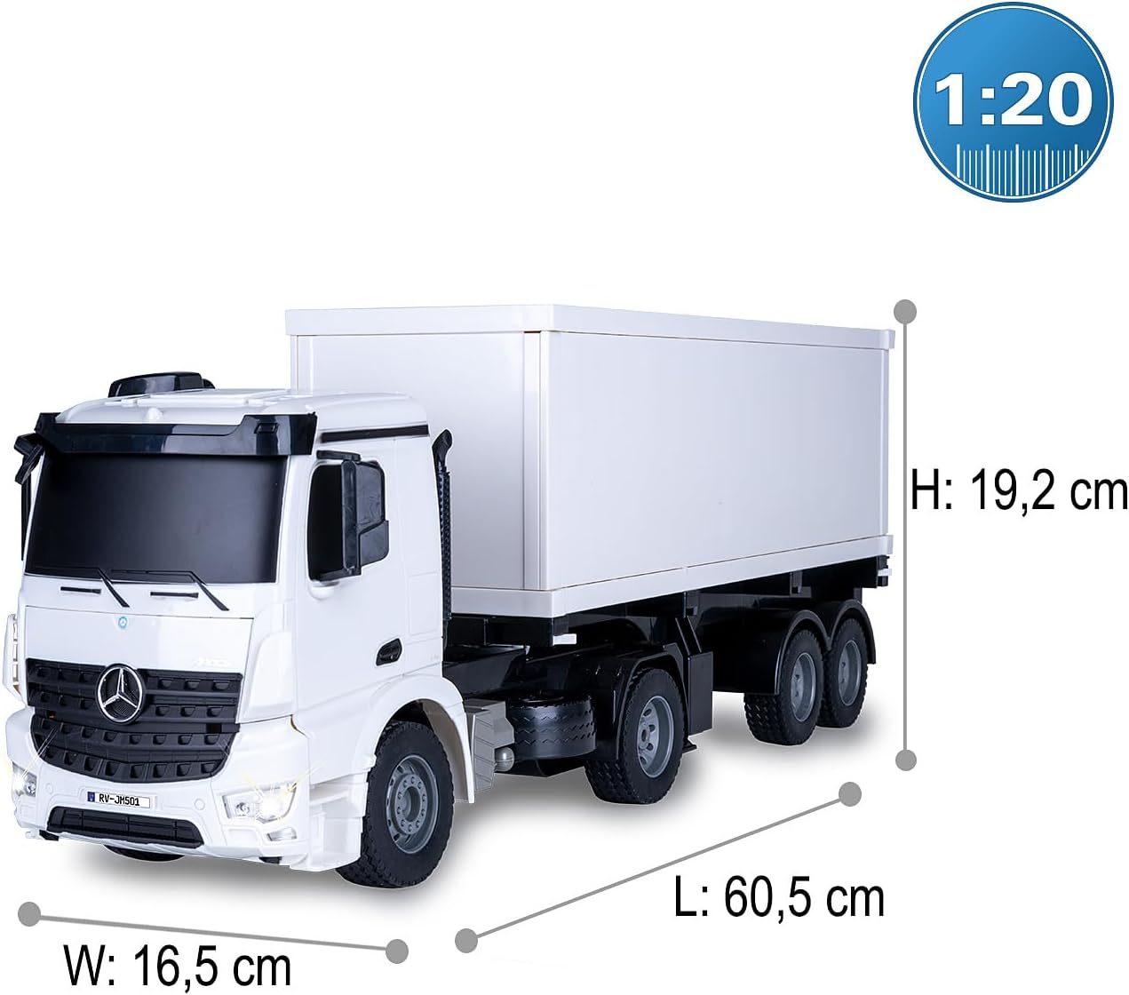 Diagram showing the dimensions of the Jamara Mercedes Benz Arocs Container Truck: Length 60.5 cm, Width 16.5 cm, Height 19.2 cm.