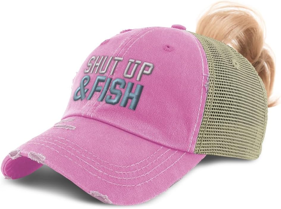 Speedy Pros Womens Ponytail Cap Shut up & Fish Cotton Distressed Trucker Hats