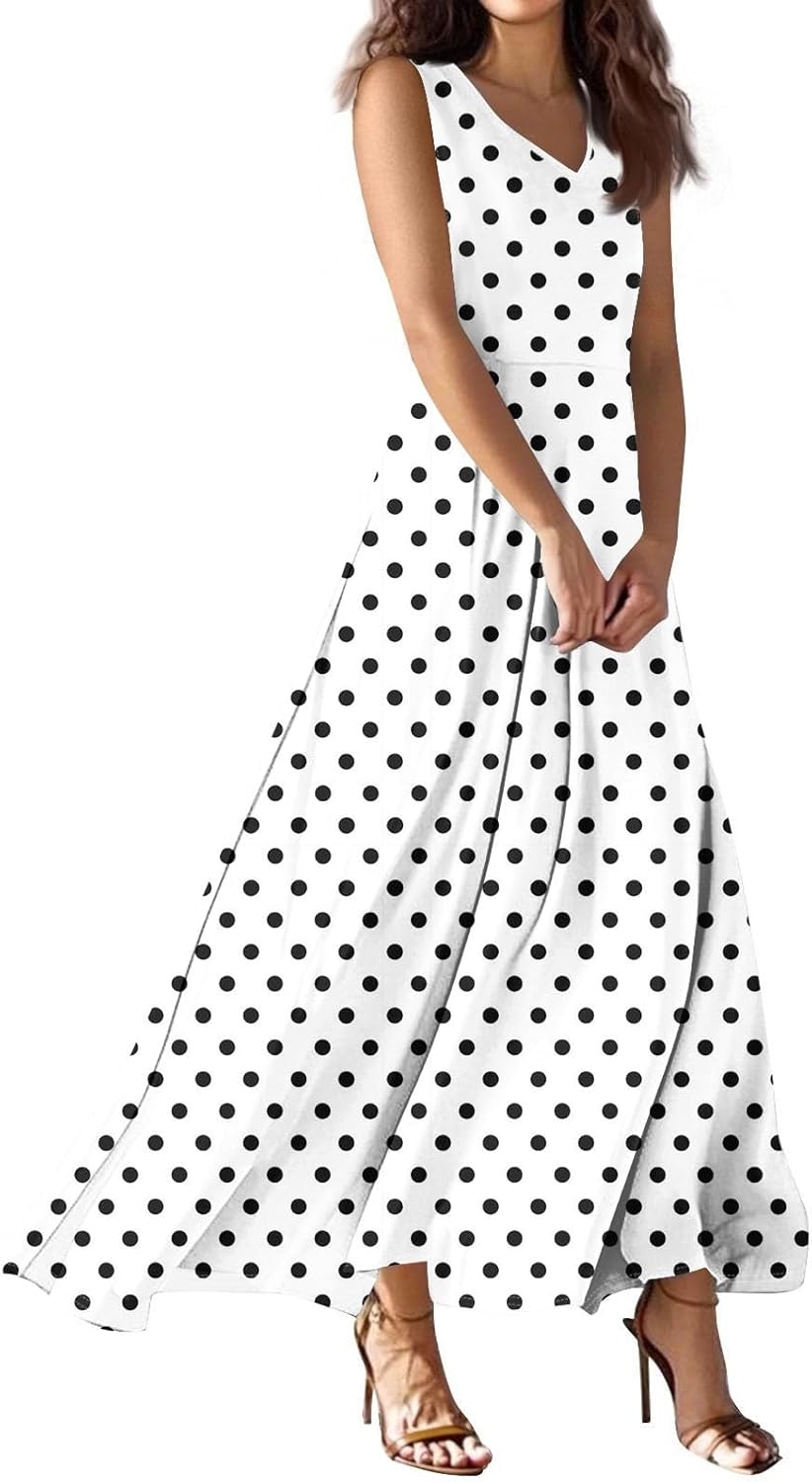 Maxi Floral Dresses for Women 2025 Vacation Sleeveless V Neck Sundress Ruffle Flowy Swing A Line Dresses Frocks