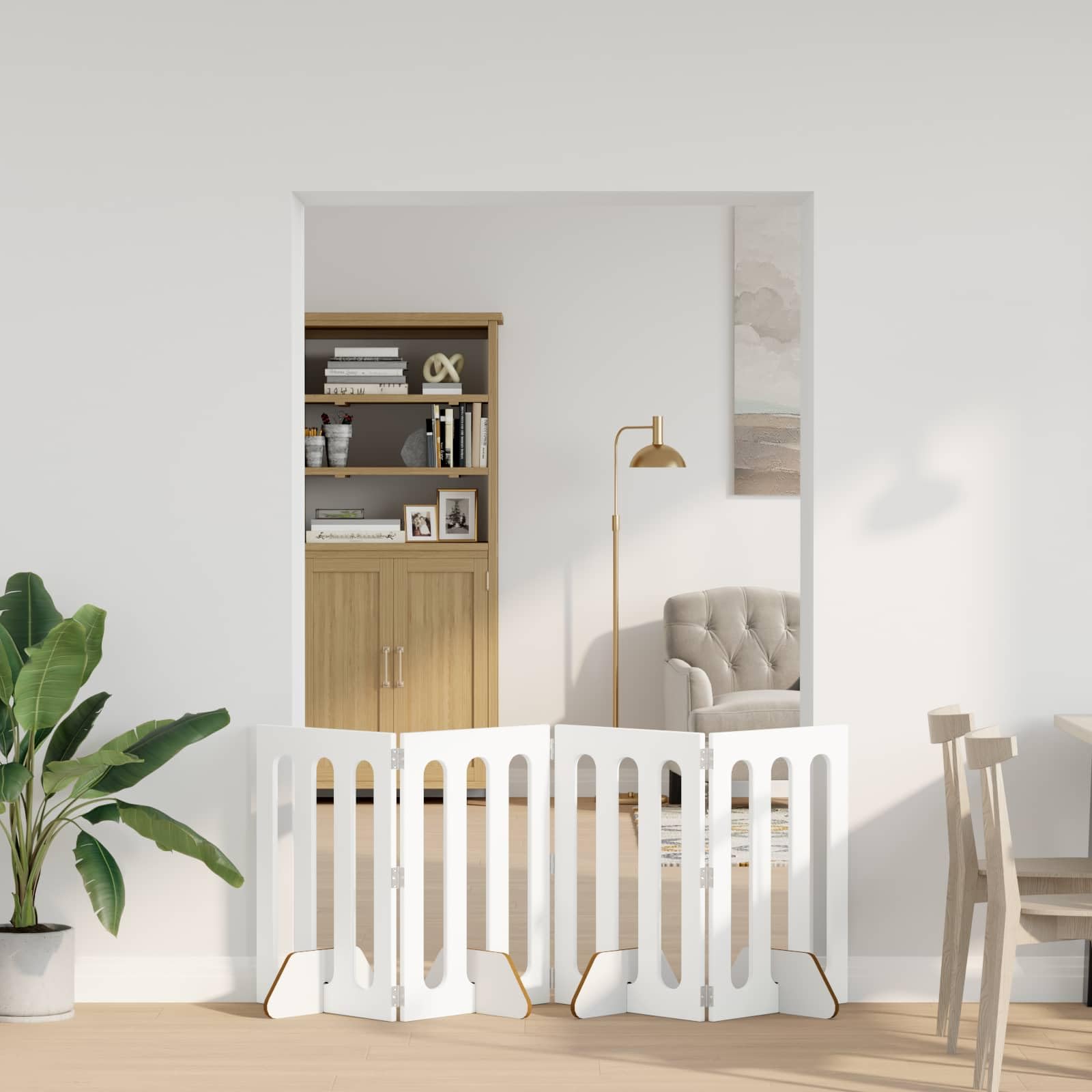 Valla plegable para mascotas de madera, color blanco, 201 x 38 x 70 cm, 4 piezas con paneles plegables flexibles para interiores, plegable, protección segura, ideal para perros, cachorros