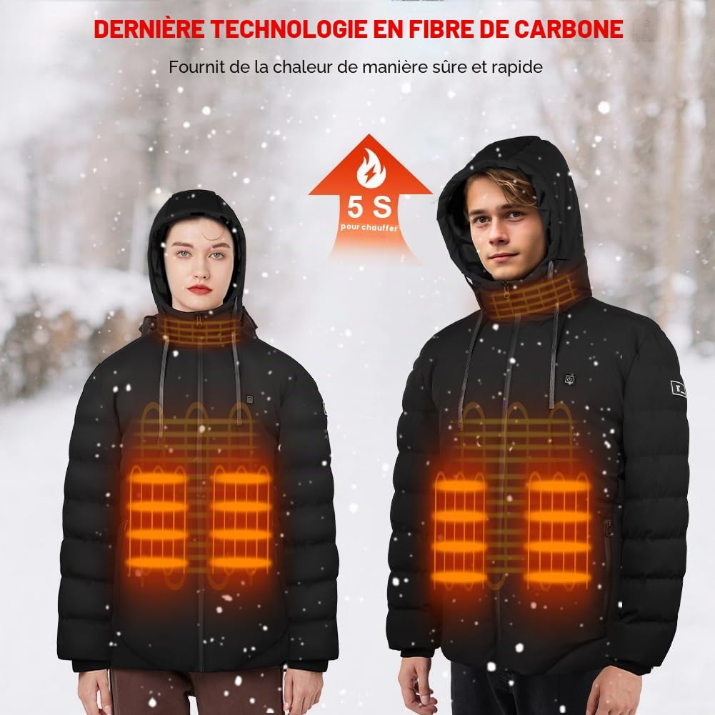 Veste Chauffante pour Homme Femme avec Batterie, Électrique Vestes Chauffant Capuche avec 3 Niveaux de Chauffage, Manteau Blouson Chauffante pour Ski, Moto, Pêche, Activités de Plein Air