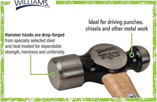 Miniatura 2 de Williams JHWHBP-3-0A - Martillo de bola de 8 onzas, mango de nogal