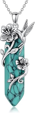 Hummingbird Necklace 925 Sterling Silver Reiki Healing Crystal Hexagonal Turquoise Hummingbird Pendant Necklace for Women