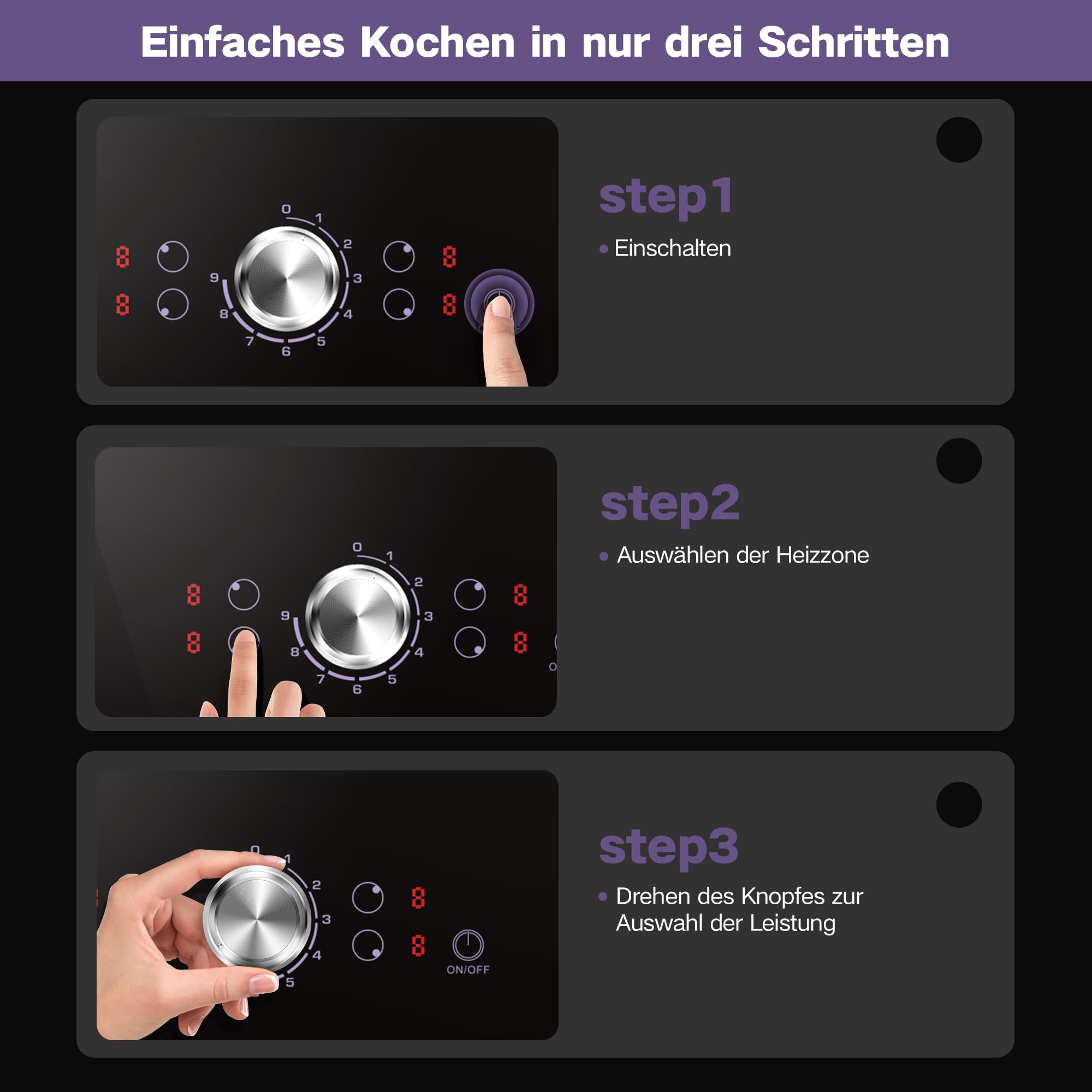 NOXTON Glaskeramikkochfeld 4 Platten mit Ein-Knopf-Steuerung, Keramik Kochfeld 60 cm Einbau, Herdplatte 4 Kochfelder mit Knopf, 220-240V, 6000W, Kein Stecker