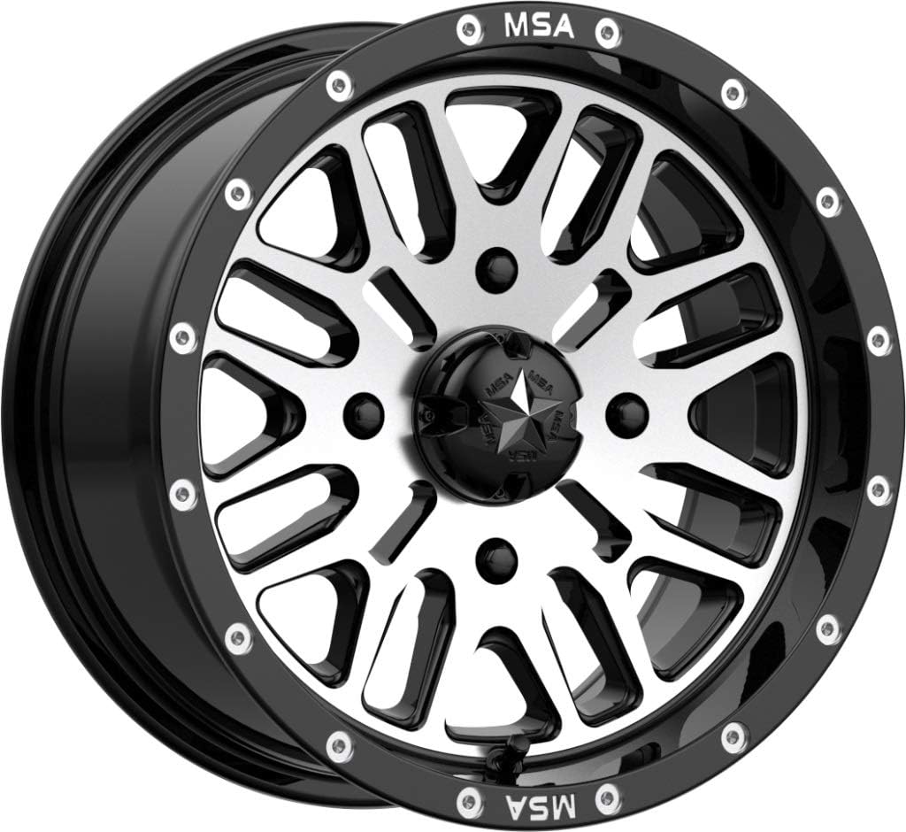 Bundle - 9 Items: MSA Mach Brute 14" ATV Wheels 29.5" Assassinator Tires [4x110 Bolt Pattern 10mmx1.25 Lug Kit]