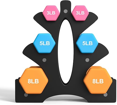 Miniatura 2 de Portzon Weights Dumbbells Set 3, 5, 8, and 10 Pound Neoprene Dumbbell Free Hand Weight Set with Rack, Ideal for Home Exercises, 32 LB, Anti-Slip,