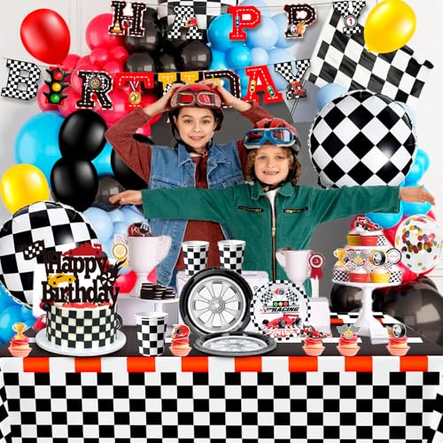 Decoraciones de cumpleaños de coche de carreras con vajilla desechable resistente de cuadros 2