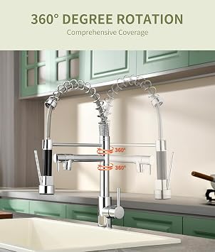 Kitchen Mixer Tap,High Arc Single Hole Kitchen Taps with Pull Out Sprayer,360° Swivel Two Spouts Spring Kitchen Sink Taps Mixer,Stainless Steel(Chrom)