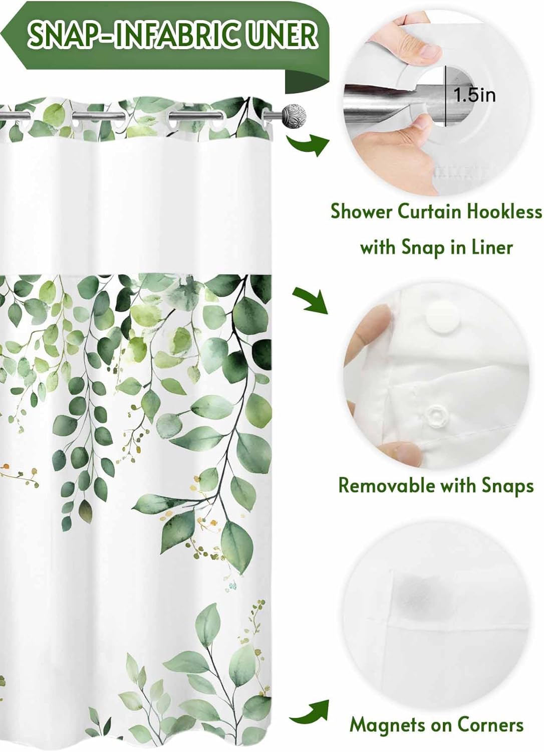 No Hooks Shower Curtain with Snap in Fabric Liner Set, Watercolor Sage Green Eucalyptus Leaves Shower Curtains Waterproof & Washable Bathroom Curtain with See Through Top Window,Hotel Style, 54x78in