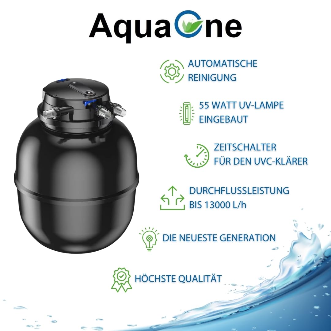 AquaOne Zestaw filtrów do oczka wodnego, nr 83 CPA 75000, filtr ciśnieniowy 12 V, pompa do oczka wodnego DM 12000, wąż do 100 000 l