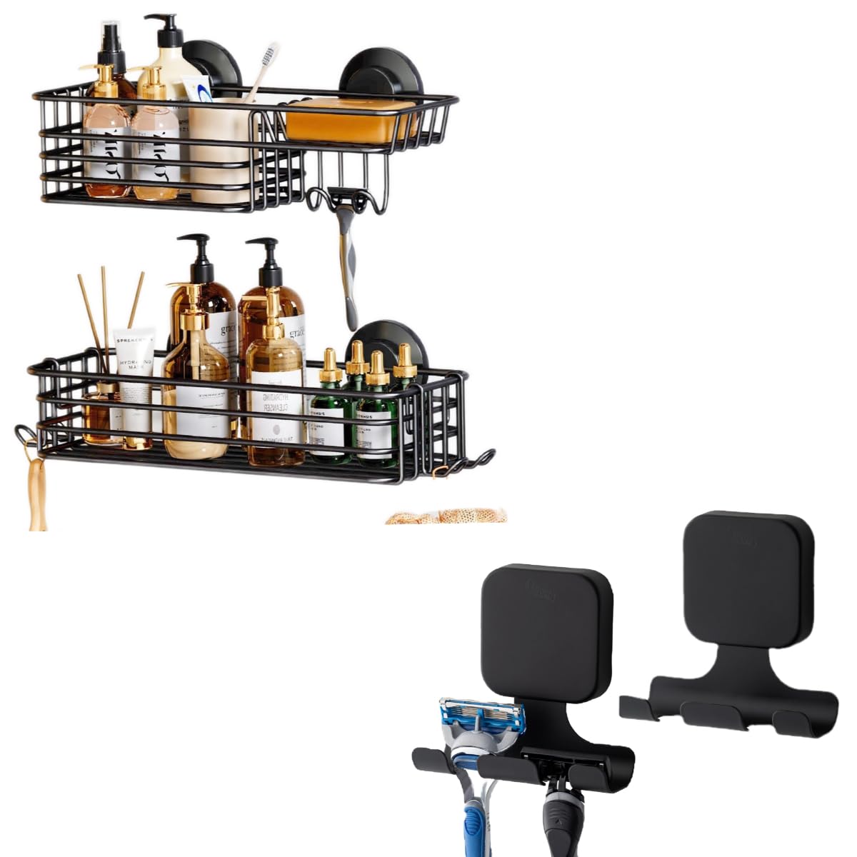TAILI Shower Caddy Suction Cup 2 Pack with Hooks Powerful Suction Cup Razor Holder 2 Pack Heavy Duty